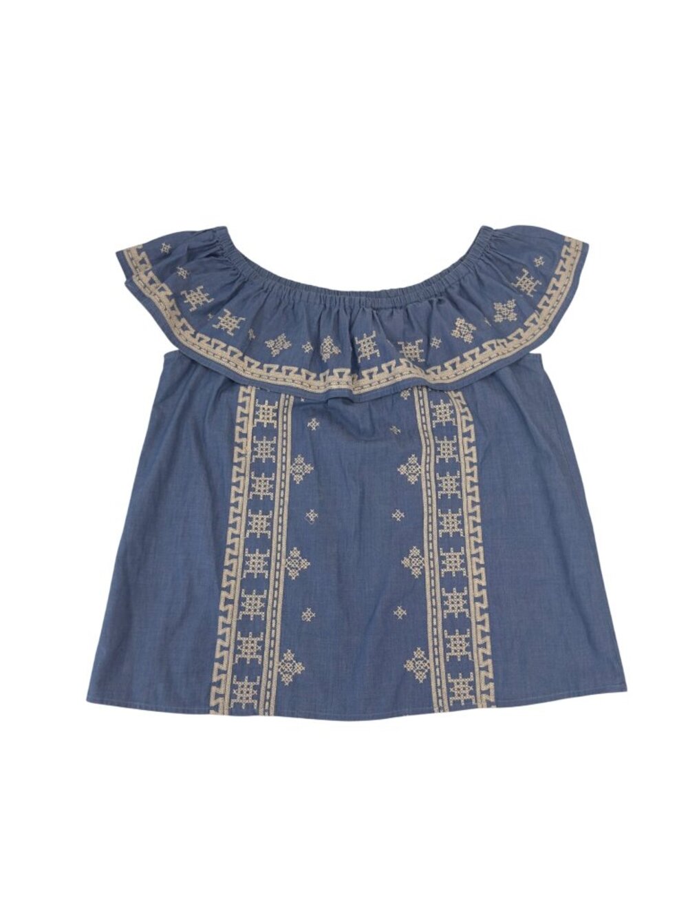 Joy Joy Womens Off-Shoulder Embroidered Chambray Blue Top Size Large 100% Cotton